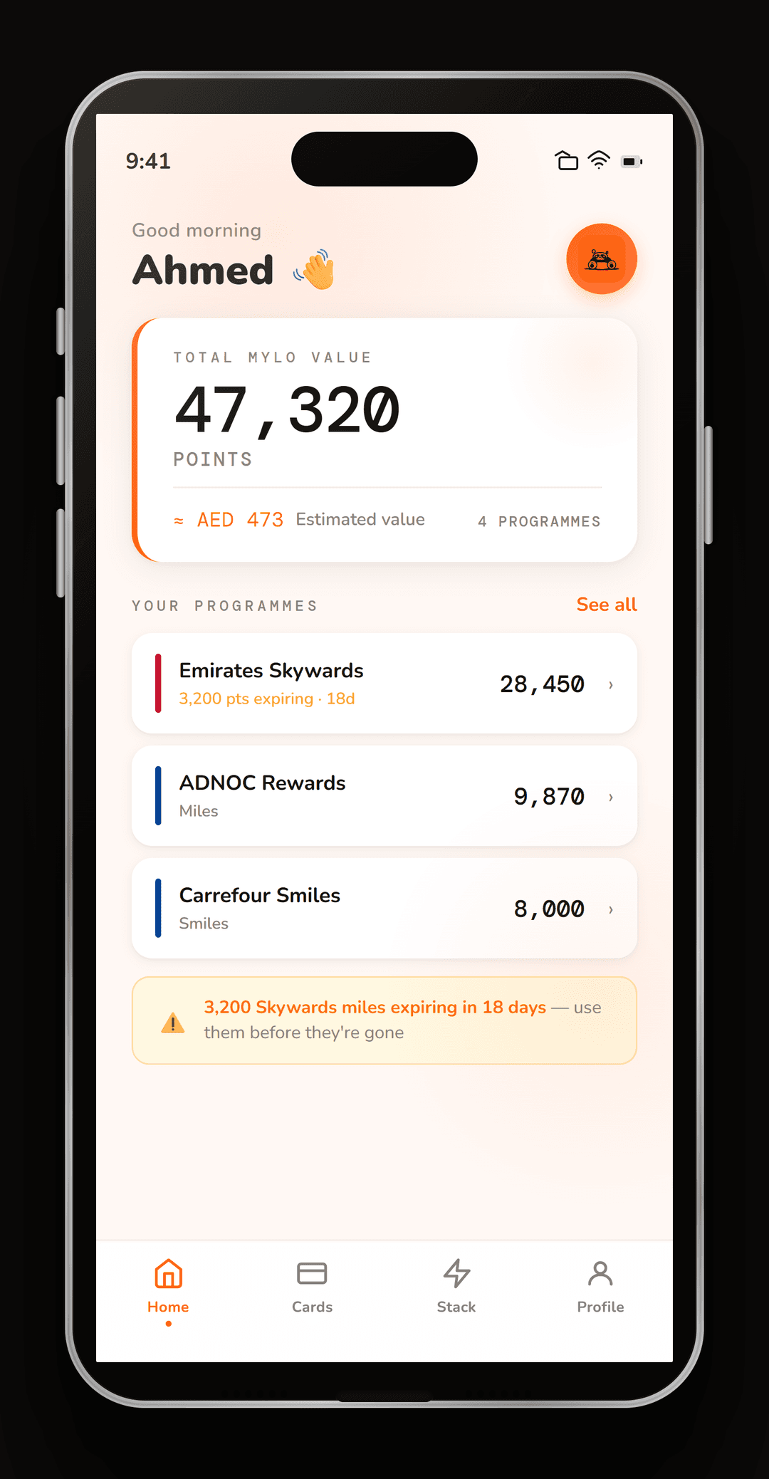 MYLO app: Dashboard